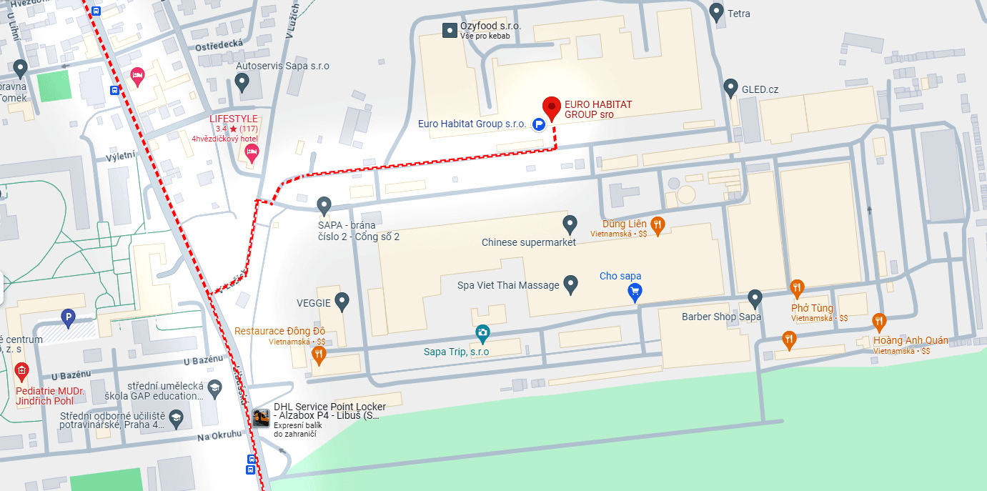 Mapa cesty k provozovně Euro Habitat Group v areálu SAPA Praha